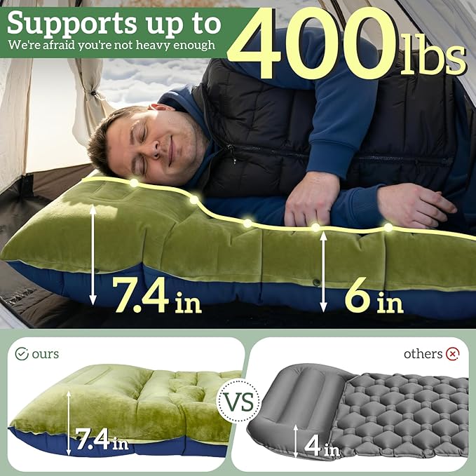Sleeping Pad for Camping, 6" Velvet Camping Mat, Ultralight Inflatable Sleeping Pad with Built-in Foot Pump & Pillow, Compact for Camping Backpacking Hiking Traveling Tent