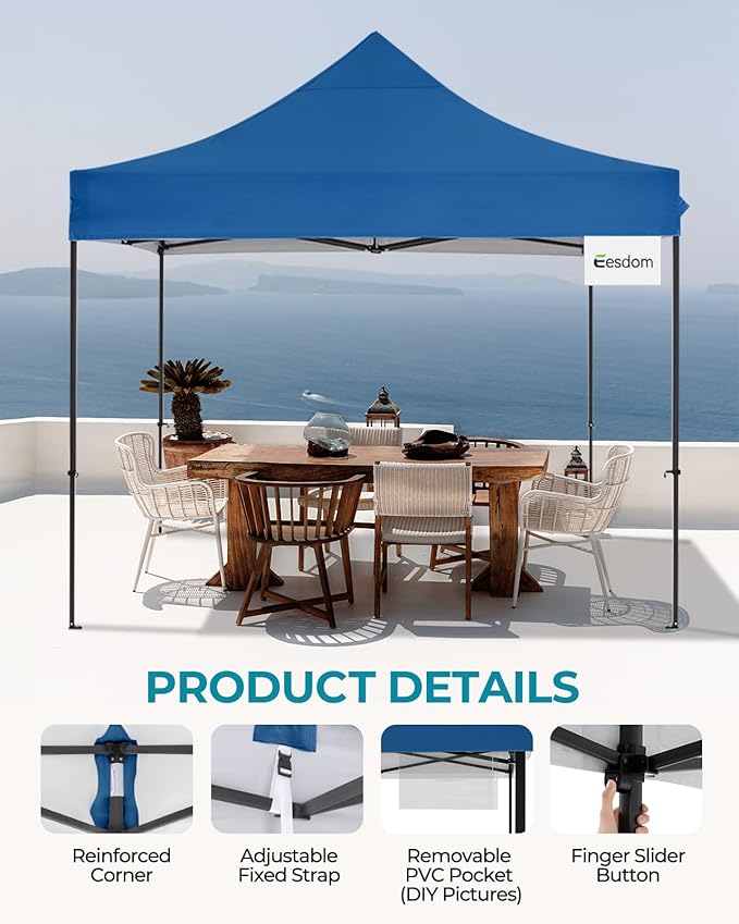 10x10 Pop Up Canopy with Wheeled Bag, Commercial Portable Canopy Tent, Easy Set Up, 4 Stakes & 4Sandbags & 4 Ropes, Waterproof Outdoor Shelter for Market, Parties, Blue