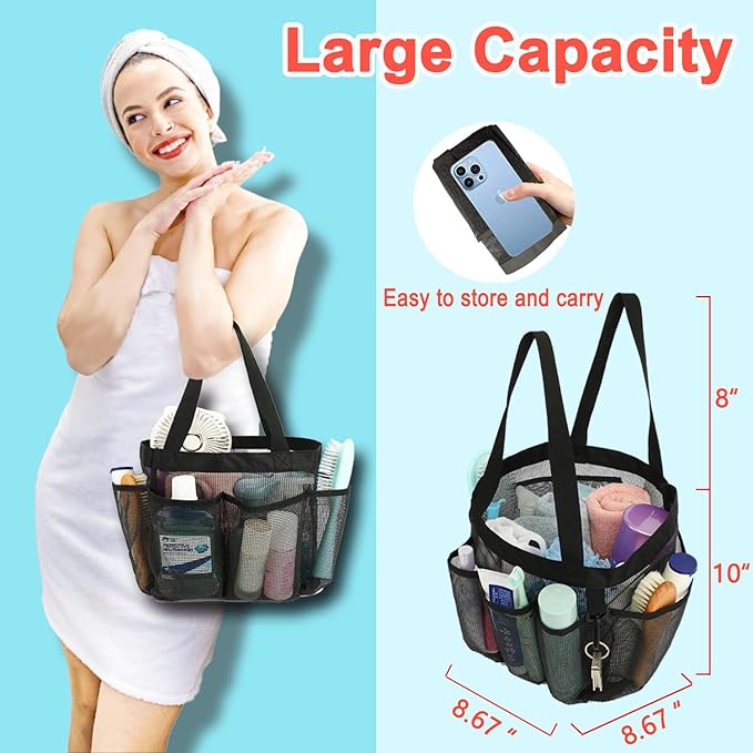 Mesh Shower Caddy Portable for College Dorm Room Essentials, 8-Pocket Large Shower Basket Tote Bag with 2 Handles for Toiletry, Bathroom, Beach, Camp, Gym
