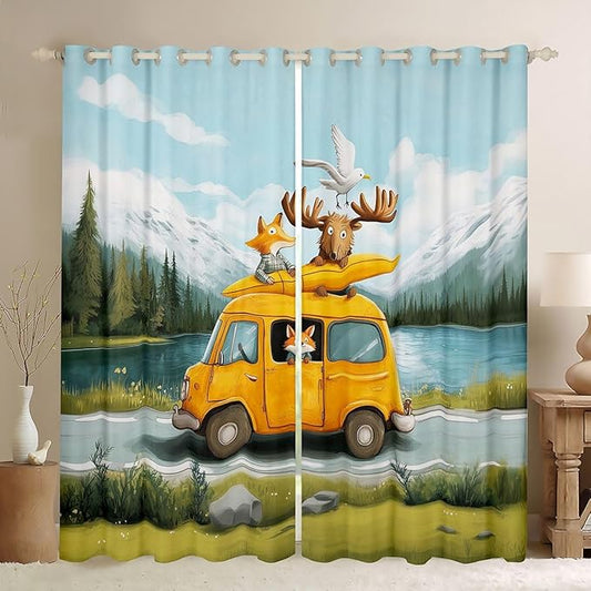 Manfei Camper Camping Kids Blackout Curtains,RV Trailer Adventure Fox Wildlife Window Drapes,Pine Tree Mountain Lake Farmhouse Boys Girls Room Decor,Rustic Green 2 Panels,38Wx54L inch