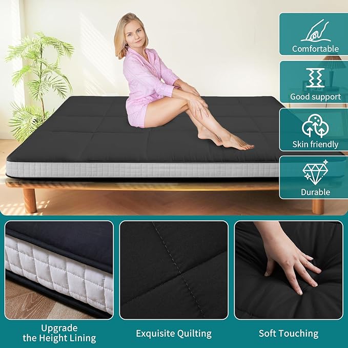 SUNYRISY Japanese Floor Futon Mattress, Thicken Foldable Bed Mattress Topper Sleeping Pad Roll Up Tatami Mat, Floor Lounger Guest Bed for Camping Couch Car, Grey, Full