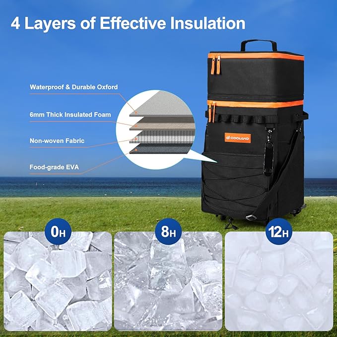 Odoland 48/72 Cans Soft Cooler with Wheels and Handle Collapsible Ice Chest Rolling Coolers on Wheels for Beach Camping Travel and Picnic