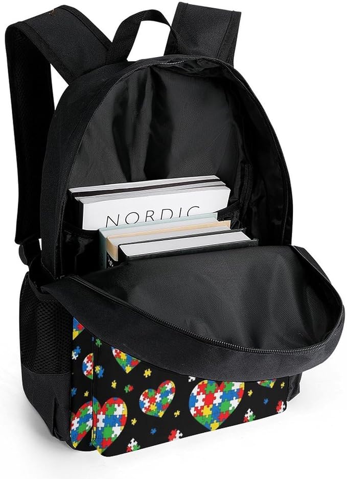 Supdreamc Polyester Daypack Backpack for Sports Travel Running, Big Capacity Anti-Theft Multipurpose Carry On Bag, Puzzle Pieces Heart Colorful Autism Awareness Laptop Book Bag Rucksack