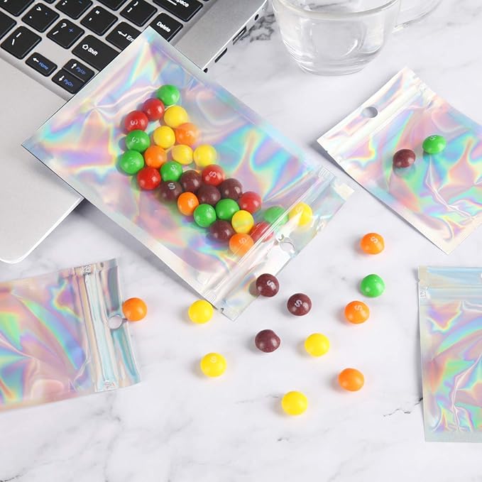 2x3 inch 100PCS Resealable Smell Proof Bags–Holographic Packaging Foil Pouch Baggies, Clear Small Mylar Bag for Jewelry,Candy,Food Storage,Business
