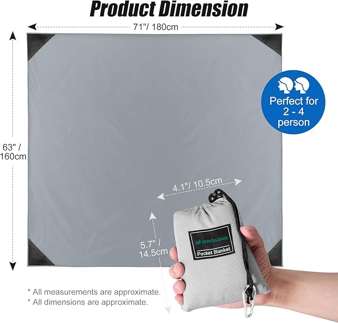 Odoland Pocket Blanket Picnic Blanket, 71" x 63" SandProof Waterproof Outdoor Beach Blanket with Portable Bag, Foldable Lightweight Sand Free Quick Drying Beach Mat for Hiking Camping Travel,Grey