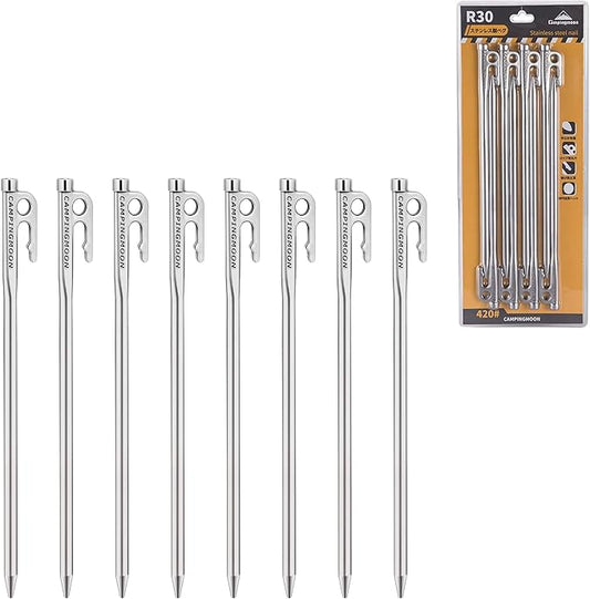 CAMPINGMOON 11.87-inch 8pcs Martensitic Stainless Steel 420J2 Hardened Forged Tent Stake Power Peg Ideal for Hard Ground R-30-8P