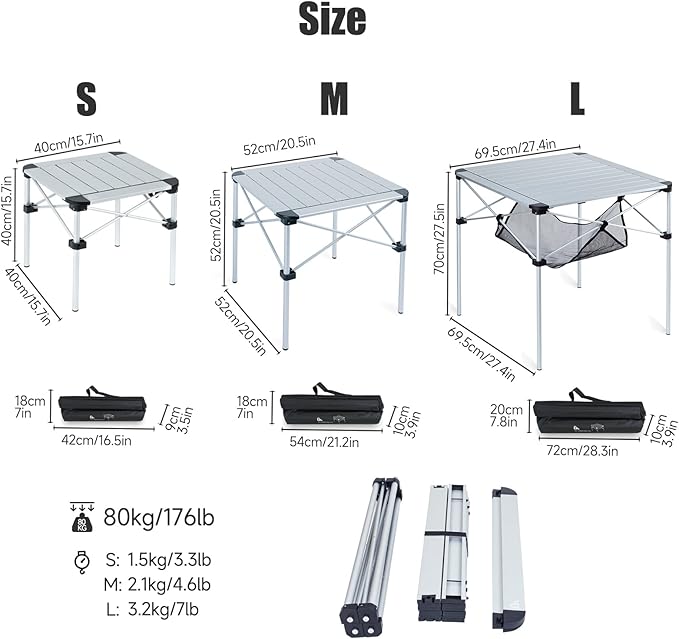 iClimb Lightweight Stable Alu. Folding Square Table Roll Up Top with Carry Bag for Camping Picnic Backyards BBQ Camp Kitchen (Silver, L)