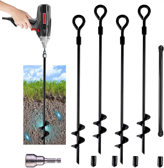 MIXXIDEA18 Inch Ground Anchors Screw in Folding Ring Spiral Metal Ground Stakes Dog Tie Out Stake Spiraling Anchor Trampoline Anchors for Tent (black-4pk)