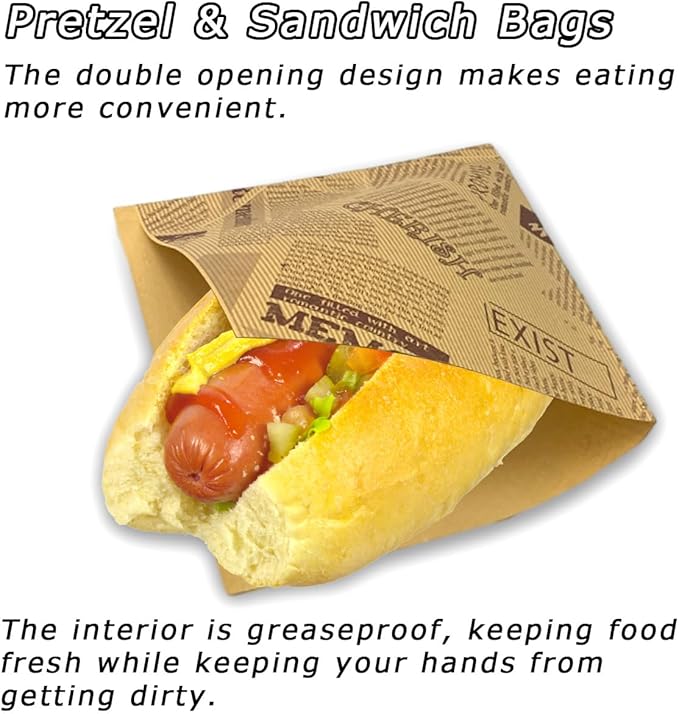 Soft Pretzel Bags 7"x7" Double Open Sandwich Bags 50Pcs, Grease-proof Parchment Paper Bags Newspaper Style Sandwich Wrappers for Cookie Snack Deli Bakery Family Daily Wrap