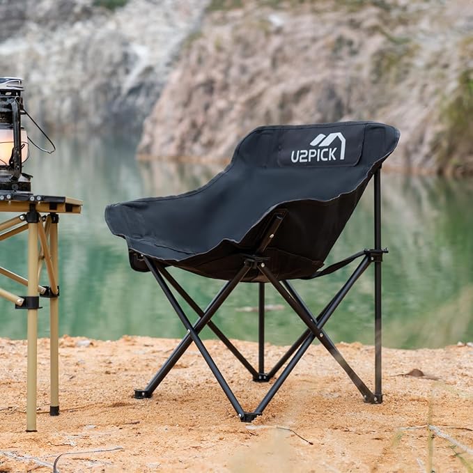 Folding Camping Chairs, Portable Moon Chair Support Up to 330Lbs with Carry Bag, Lightweight Foldable Outdoor Chair with Cup Holder, Black