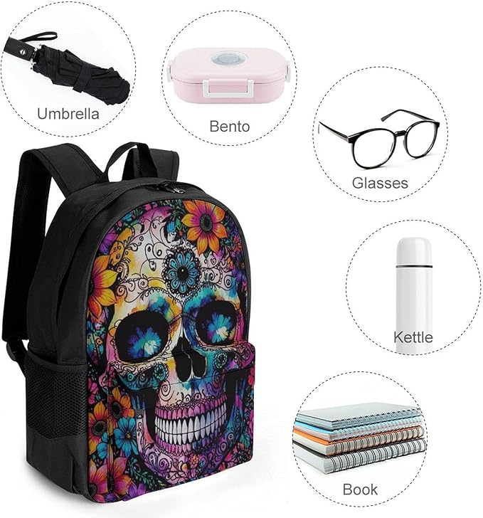 Supdreamc Polyester Daypack Backpack for Sports Travel Running, Big Capacity Anti-Theft Multipurpose Carry On Bag, Indain Mandala Sugar Skull Laptop Book Bag Rucksack