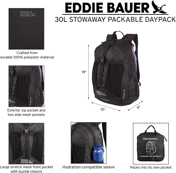 Eddie Bauer Stowaway Packable Backpack | Travel | Outdoor | Lightweight | Foldable | Durable | Ripstop Polyester | 30L - Coast Blue