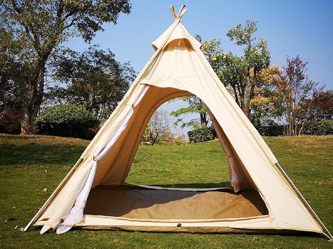 7’x7’x6.5’Outdoor Cotton Canvas 2-3 Person 3 Seasons Bell Teepee Tent with Double Door Spire Tent Pyramid Tents for Family Camping