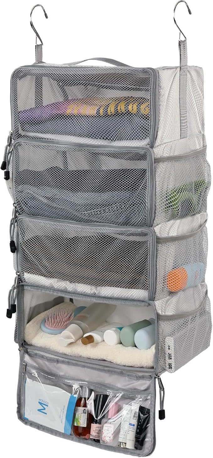 Surblue Travel Hanging Packing Cubes with 2 Hooks Hanging Shelves for Luggage Organizers Portable Compression 4 Shelf Closet Carry-on Suitcases Organizers, Medium, Lightgrey