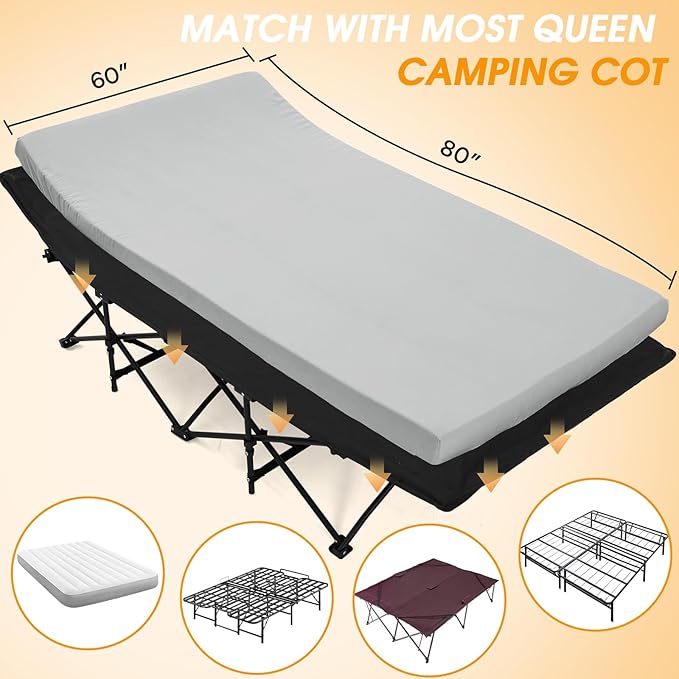 CYMULA Camping Cot Mattress 2in Memory Foam Sleeping Pad,Soft Warm Non-Slip Camping Mattress Topper with Retaining for Adults,Portable Roll up Pad for Travel(75 x30)（only Mattress）