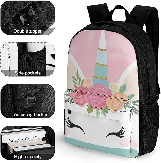 Rucksack Anti-Theft Multipurpose Large Capacity Carry On Bag, Pink Unicorns Face Travel Hiking Bag Day Pack With Side Pockets