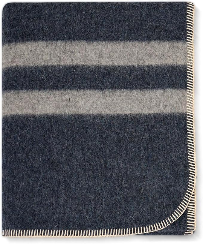 Thick Alpaca Wool Blanket Heavyweight for Camping Outdoors or Using Indoors | Soft Peruvian Alpaca Wool Blankets (Blue Jean - Soft Gray Stripes, Travel Size)
