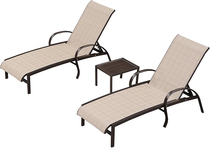 PURPLE LEAF Outdoor Chaise Lounge Chair Set of 3 Patio Pool Lounger Aluminum Chairs with Side Table Adjustable Tanning Recliner for Outside Yard Deck Lawn Garden Beach Khaki
