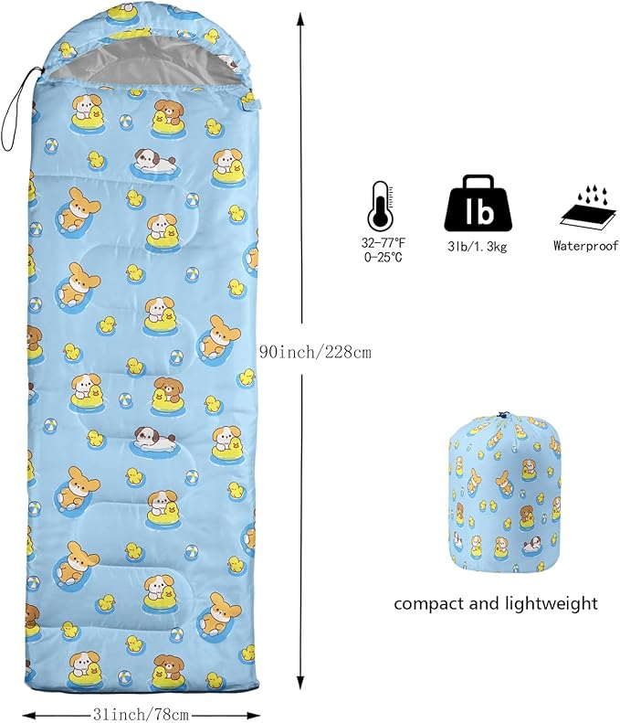 AILONEN Kawaii Puppy Sleeping Bag for Kids Boys Girls,Warm and Cool Weather,Lightweight,Waterproof Backpacking,Cartoon Cute Dog & Duck Animal Themed Blue Sleeping Bag for Camping