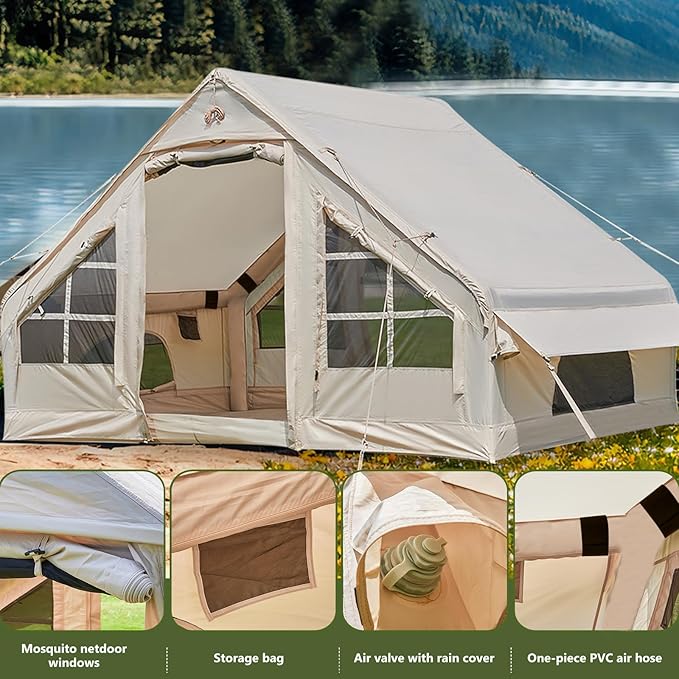 Inflatable Tents for Camping with Stove Jack, 2/4/6/8 Person Easy Setup Blow Up Tents for 4 Seasons Waterproof Inflatable Camping Tent with Awning, Air House Glamping Tents for Camping Adult