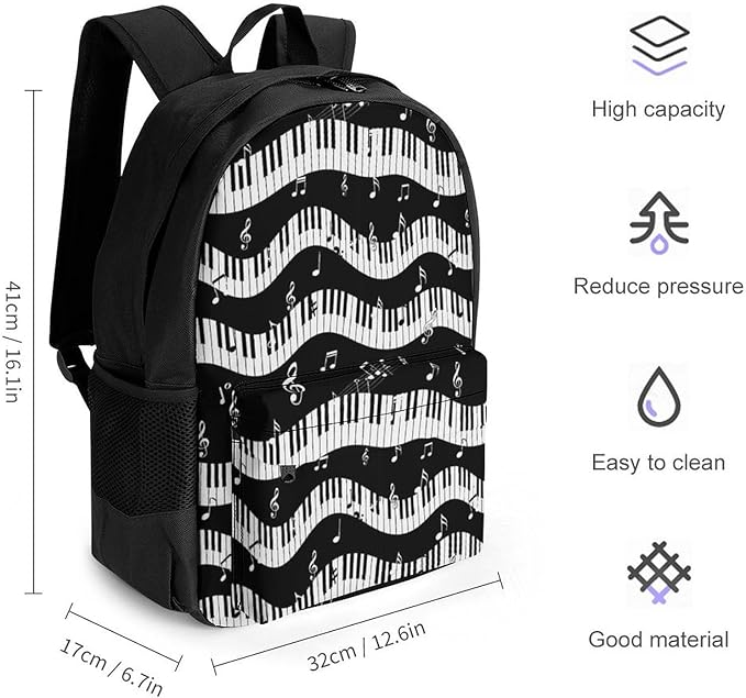Daypack Backpack Polyester Multipurpose Anti-Theft Black And White Piano Keys Musical Notes Shoulder Bag Big Capacity Gym Outdoor Hiking Backpack With Smooth Zippers