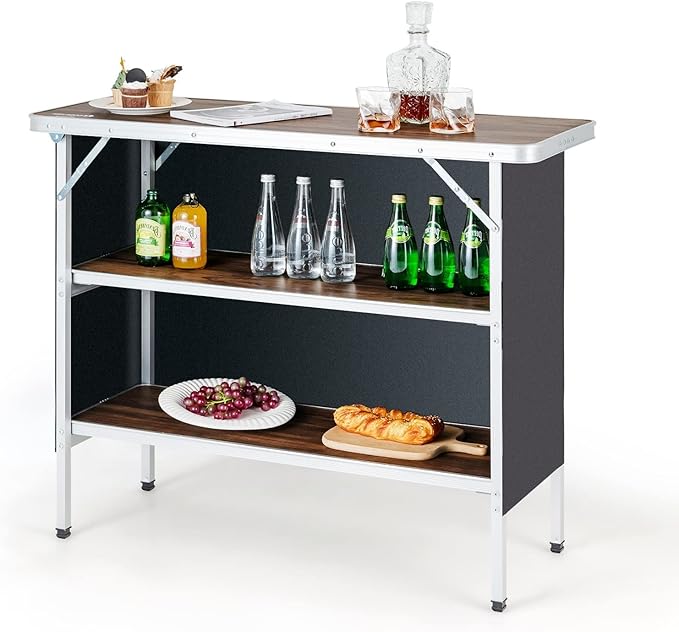 HAPPYGRILL Folding Camping Table with Storage, Aluminum Picnic Table with 2-Tier Shelves, Large Tabletop, Carry Bag, Removable Cloth Cover, Outdoor Lightweight Dining Camp Table for Picnic BBQ Party