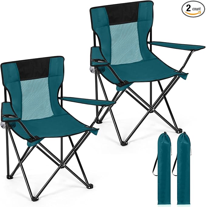 Shellwei 2 PCS Folding Camping Chair with Cupholder and Carry Bag Regular Size Colorful Breathable Portable Lightweight Lawn Chair with Side Pocket for Fishing Hiking Beach Outdoor Activity