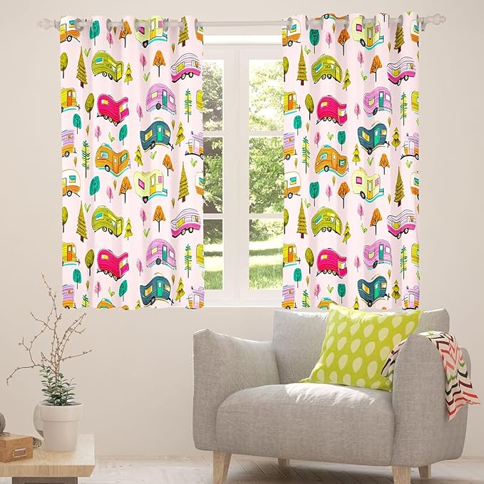 Feelyou Pink Camper Camping Curtains for Bedroom Living Room RV Travel Trailer Blackout Darkening Drapes Camping Theme Window Treatments, 2 Panels 38 x 54 Inch Room Decor