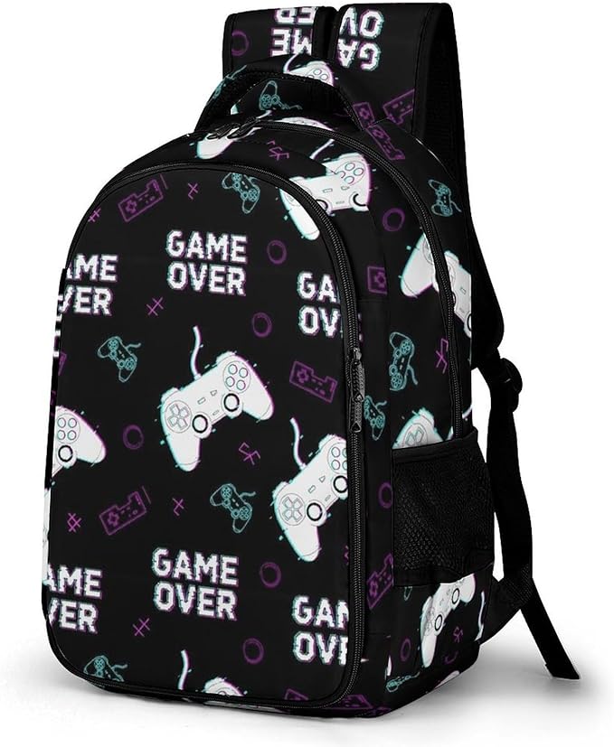 Large Capacity Laptop Backpack Cool Video Games Joystick Game over, Sturdy Water Resistant College Bookbag with Water Bottle Pockets for Business Travel Gifts
