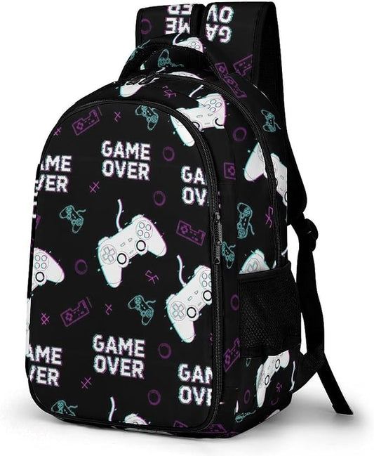 Large Capacity Laptop Backpack Cool Video Games Joystick Game over, Sturdy Water Resistant College Bookbag with Water Bottle Pockets for Business Travel Gifts