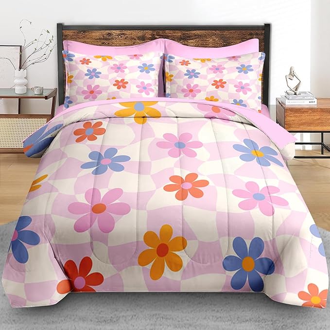 Comforter Set Full Size, Retro Daisy Pink 7 Pcs Bedding for Kids and Adults, Hippie Aesthetic Kids Bed Sheet Sets with Fitted Sheet 2 Pillowcases & 2 Shams for Bedroom Bed Decor