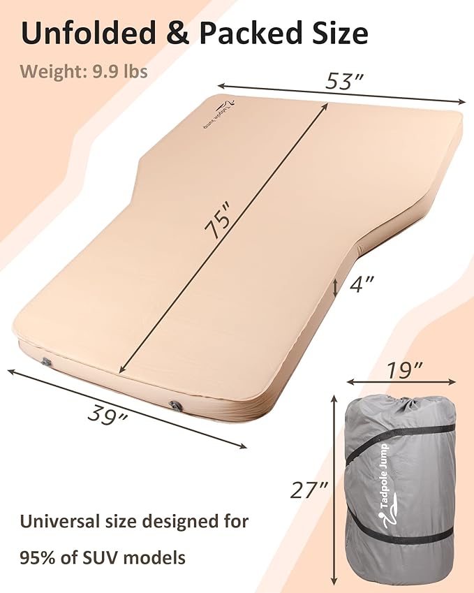 Self-Inflating Camping Mattress for Tesla Model Y & SUV, 4" Thick Foam Sleeping Pad with 9.3 R-Value, 600lbs Max Weight, Portable Air Pump Included for Travel, Road Trip & Camping