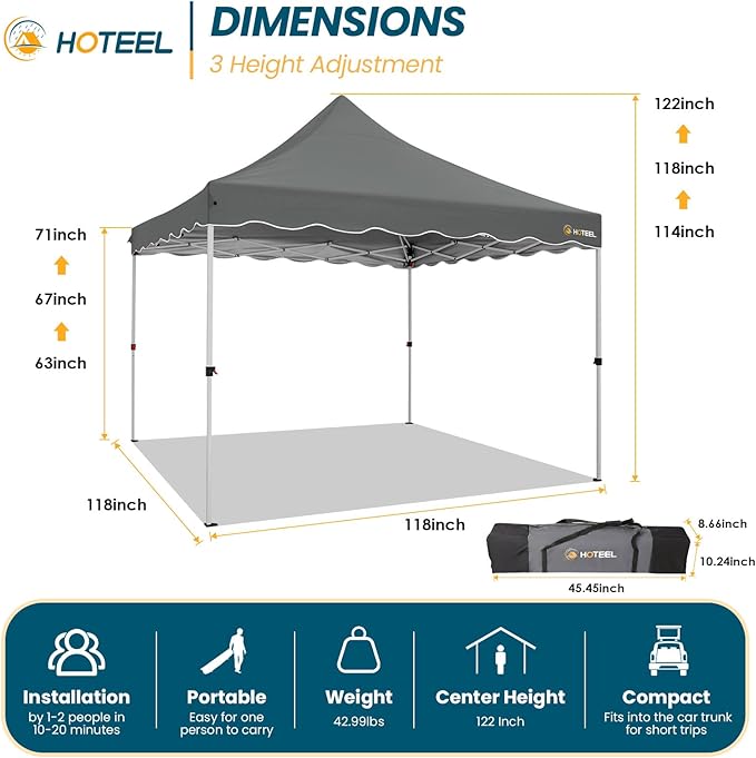 HOTEEL 10x10 Pop Up Canopy, Easy Setup Party Tent with Carry Bag, Weight Bag, Outdoor Portable Event Shelter for Backyard, Market, Gray