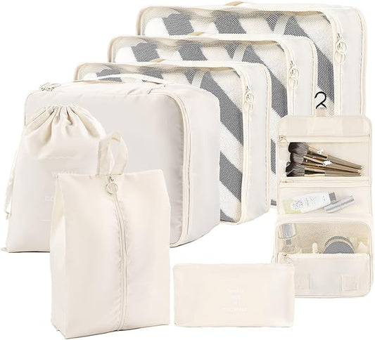 8 Set Compression Packing Cubes for Travel Essentials,Suitcase Organizer Bags, Carry-On Luggage Accessories with Laundry & Toiletry Bag, Road Trip & Camp Gifts for Men and women(beige)