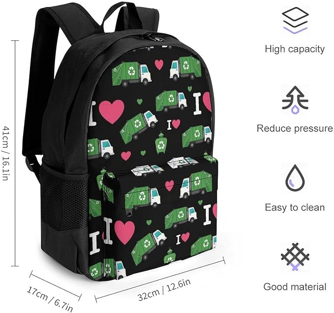 Shoulder Book Bags Polyester Multipurpose Anti-Theft I Heart Love Trash Garbage Trucks Black Carry On Bag Large Capacity Travel Hiking Camping Rucksack