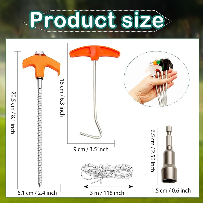 22 Pcs Screw in Tent Stakes Heavy Duty Kit Include 16 8 Inch Ground Anchor Tent Pegs 4x9.8ft Rope 1 Hex Head Driver 1 Stopper T Pull Hook for Backyards, Canopy, Garden and Outdoor Camping