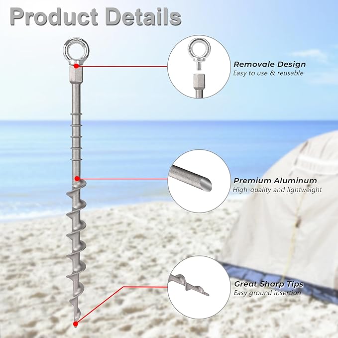 4 Pcs 14" Ground Anchors Screw in Non-Rust Cast Aluminum Detachable Tent Stakes for Camping Tents, Sand, Trampoline, Swing Sets and Sheds