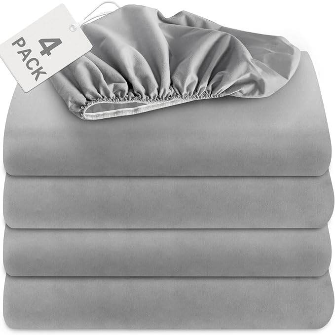 Biloban Twin Fitted Sheet 4 Pack, Twin Bedding Fitted Sheets Only with Deep Pocket up to 14", Bottom Sheet, Shrinkage & Stain Resistant Fitted Bed Sheets, Wrinkle Free & Easy Care, Grey