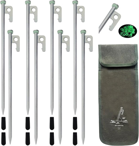 Tent Stakes， Heavy Duty Metal Tent Pegs for Camping Steel Tent Stakes (8, Black) (8 PCS Silver Tent Stakes)