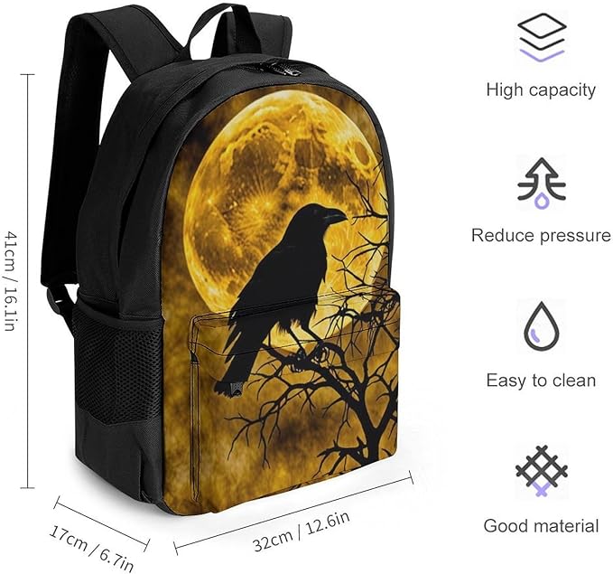 Backpack Anti-Theft Multipurpose Large Capacity Carry On Bag, Halloween Raven Moonlight Moon Night Camping Outdoor Backpack With Side Pockets