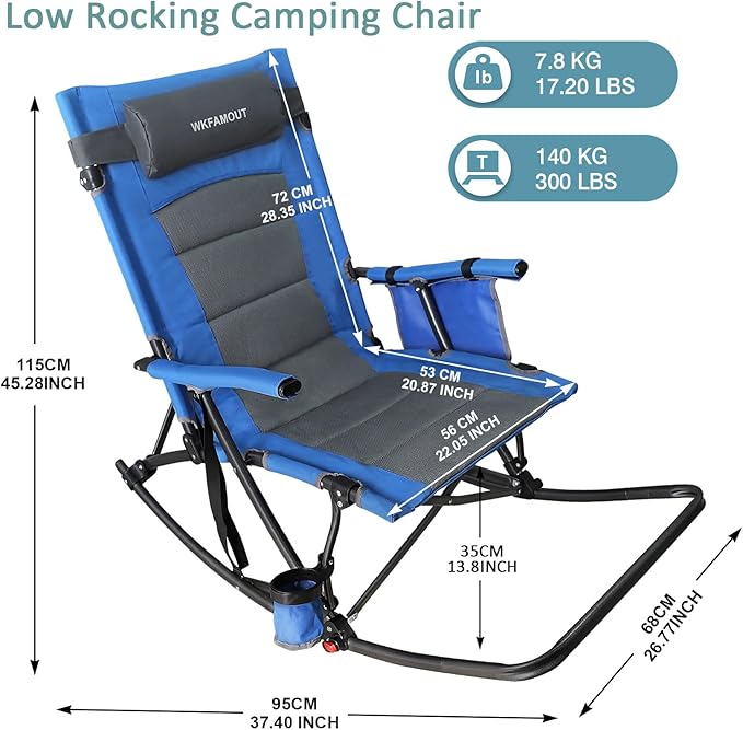Oversized Folding Low Rocking Camping Chair with Footrest Removable Pillow Portable Outdoor Rocker Padded High Back Ergonomic Armrests for Patio Garden Lawn