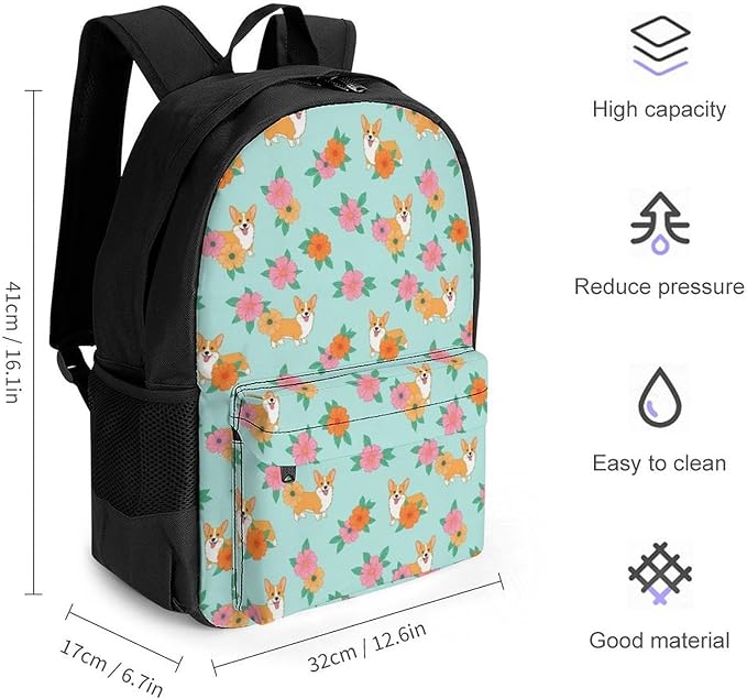 Lightweight Backpack for Gym Travel Bicycle, Big Capacity Multipurpose Anti-Theft Carry On Bag, Corgi Dogs Flowers Floral Travel Hiking Bag Day Pack