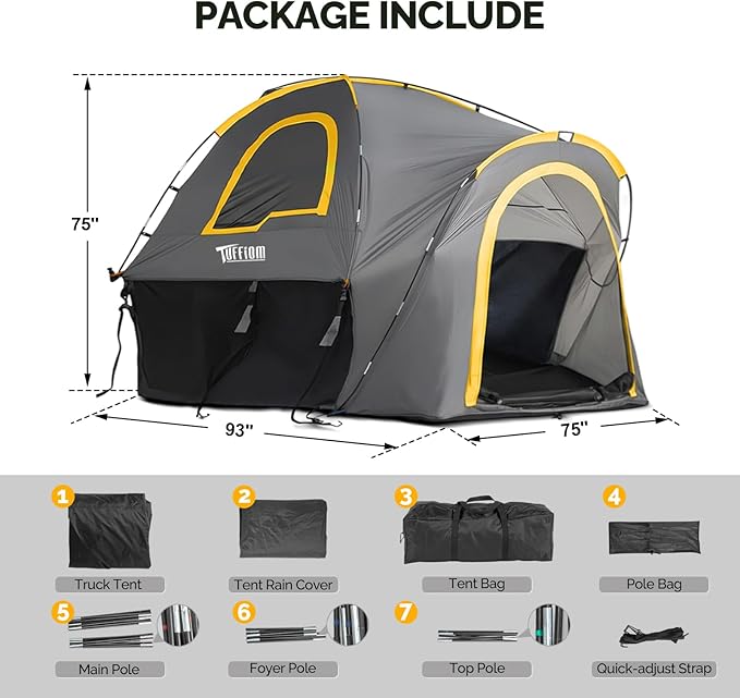TUFFIOM Update 5.5-6ft Pickup Truck Tent for Camping, Truck Bed Tent with Reinforcement Fiberglass Poles, PU2000 Waterproof and Rainfly for 2 People, Easy Set Up, Good Ventilation
