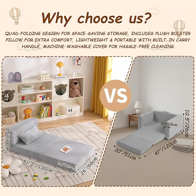Folding Sofa Bed Mattress for Kids with Pillow, Toddler Washable Folding Floor Mat for Daycare, Child Fold Up Sofa Futon Chair Bed with Storage Bag for Playroom, Camping, Girls and Boys, Grey