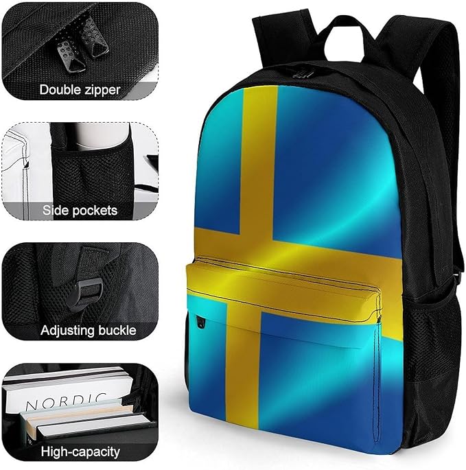 Men Women Lightweight Flag Of Sweden Casual Daypack Large Capacity Bookbag With Adjustable Shoulder Straps for Gym Business Bicycle