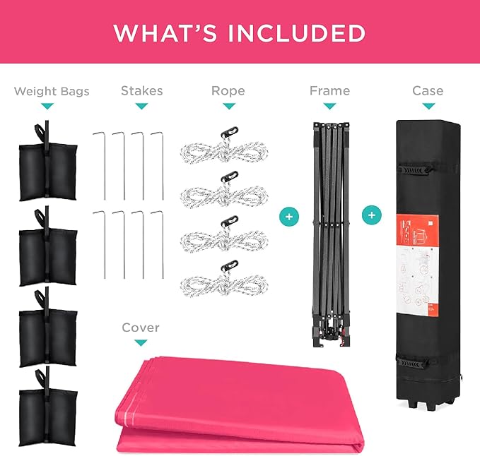 Best Choice Products 8x8ft Pop Up Canopy Tent, Outdoor Shade, 1 Person 1 Minute Set Up, Carry Case, 4 Weight Bags - Hot Pink