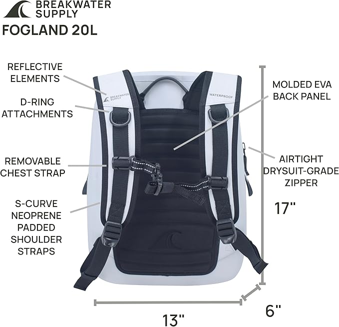 Breakwater Supply™ Fogland Waterproof IP68 Submersible Backpack with Airtight Zippers | Laptop Travel Outdoors | 25L 20L 15L | 100% Waterproof, Submersible, Airtight Zippers, Travel Outdoors