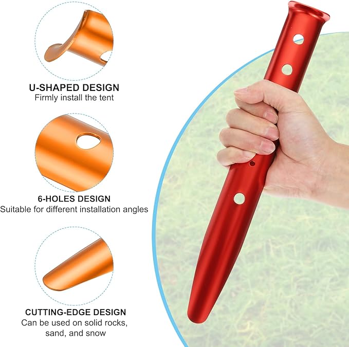 PATIKIL Aluminum Tent Stakes, 2 Pack Metal Camping Ground Pegs Camping Accessories Sand Stakes with 6 Holes for Tents Hammocks and Canopy, Orange