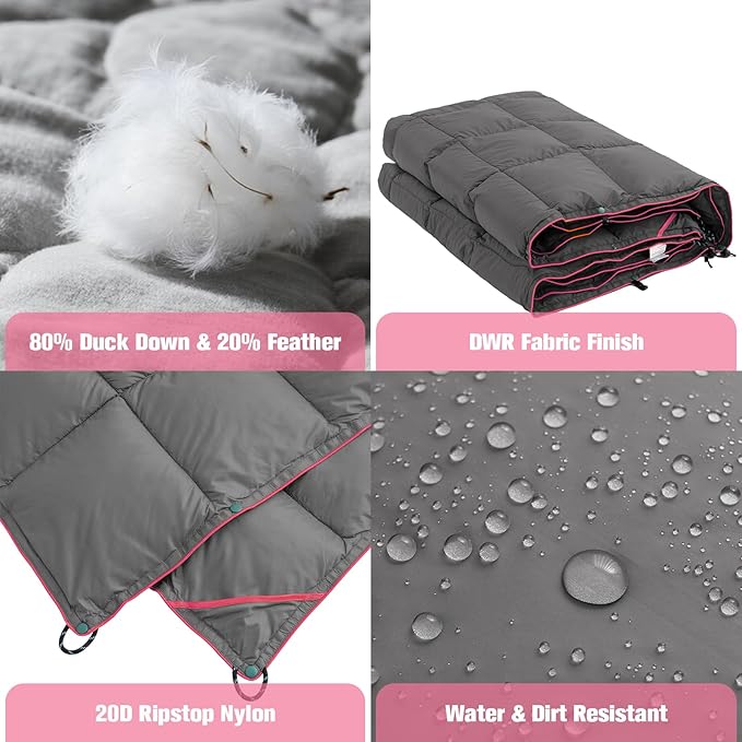 Down Camping Blanket - Lightweight Packable Warm Puffy Travel Quilt with Footbox, 650 Fill Power Waterproof Outdoor Blankets for Hiking, Travel, Dark Grey 1lb 1oz / 77''*52''