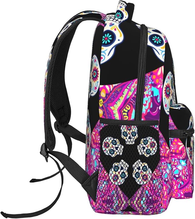 Men Women Lightweight Dead Sugar Skull Flowers Art Backpack Large Capacity Bookbag With Smooth Zippers for Gym Business Running